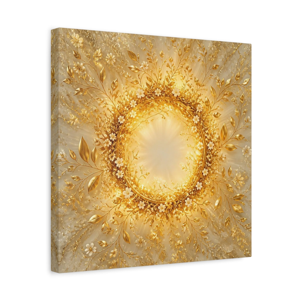 Side Mockup 6. Floral Floral Wreath Gold Floral shown as stretched canvas wall art
