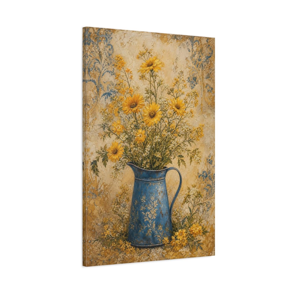Floral Yellow Flowers And Blue Canvas Print Wall Art – Living Room Decor, Above Sofa - YesArtYes