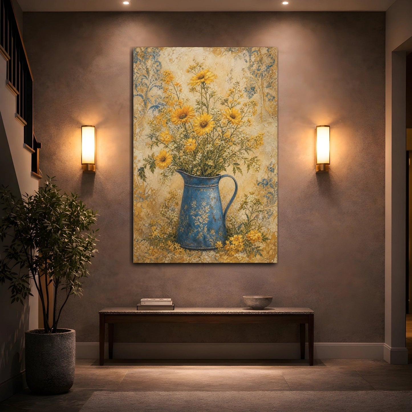 Floral Yellow Flowers And Blue Canvas Print Wall Art – Living Room Decor, Above Sofa - YesArtYes