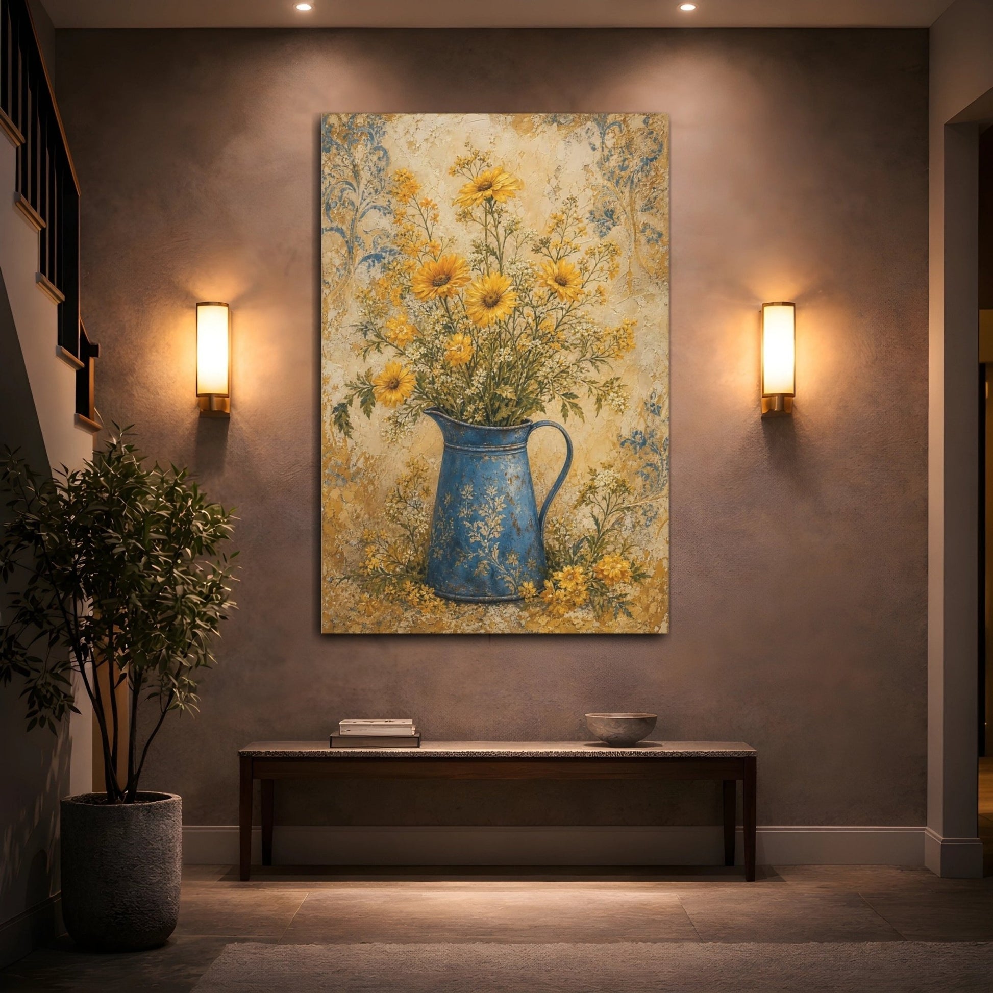 Floral Yellow Flowers And Blue Canvas Print Wall Art – Living Room Decor, Above Sofa - YesArtYes