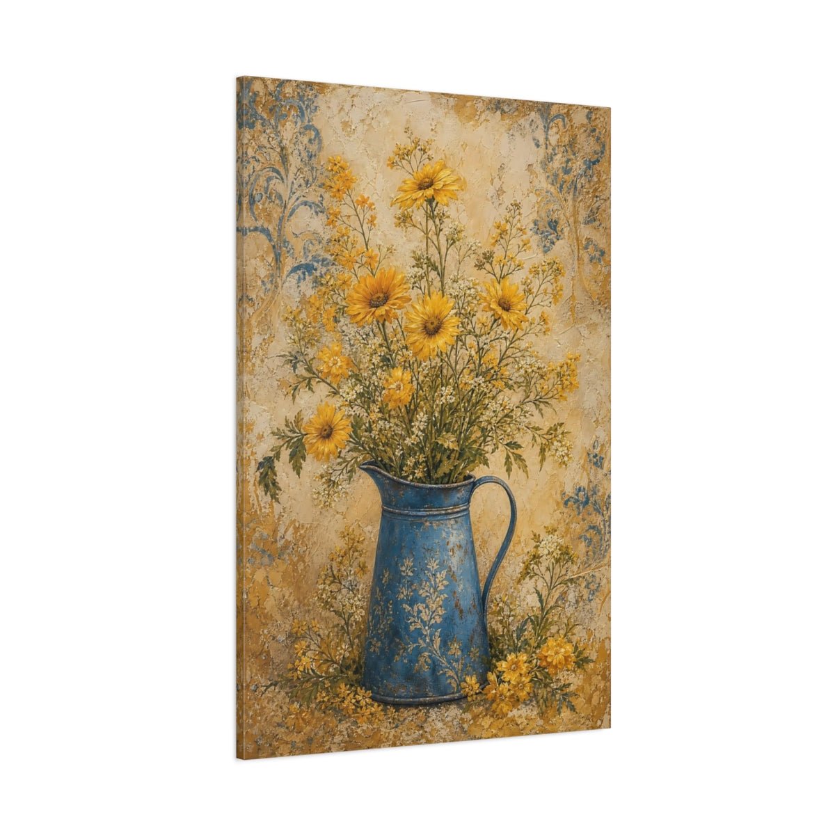Floral Yellow Flowers And Blue Canvas Print Wall Art – Living Room Decor, Above Sofa - YesArtYes