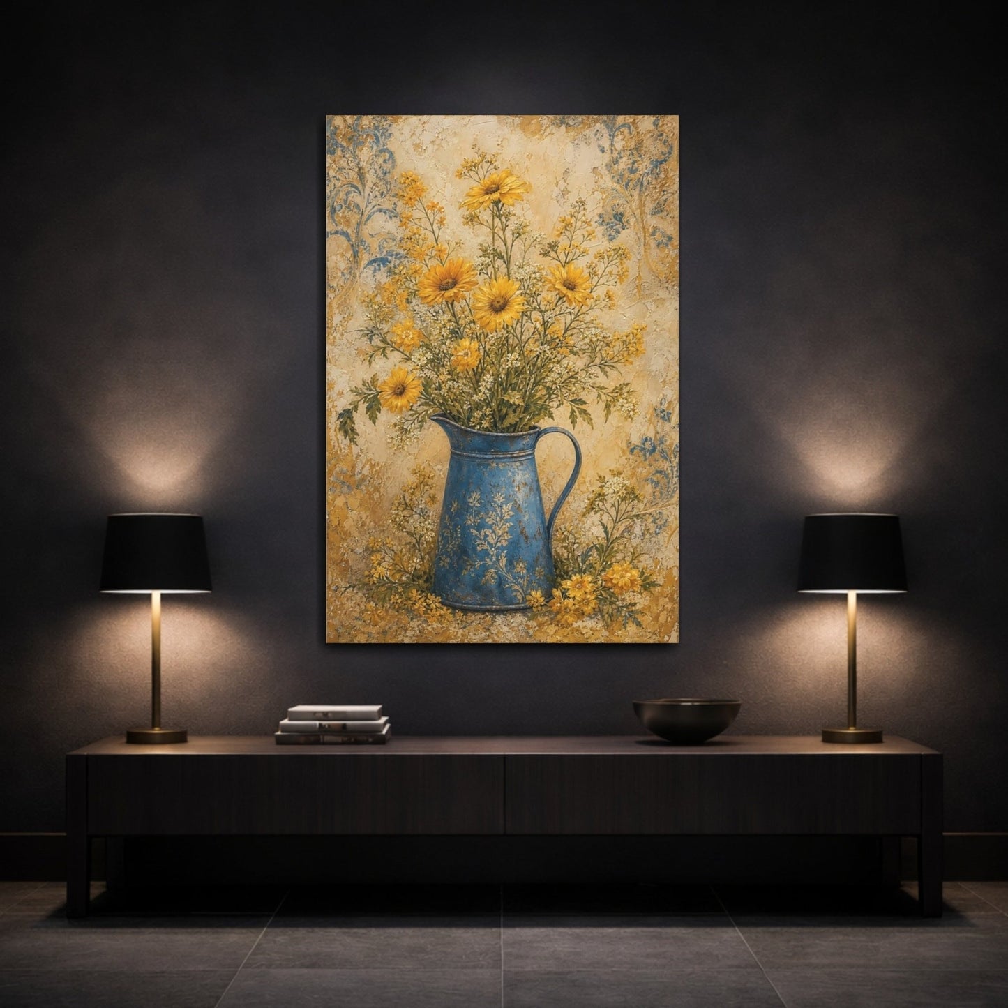 Floral Yellow Flowers And Blue Canvas Print Wall Art – Living Room Decor, Above Sofa - YesArtYes