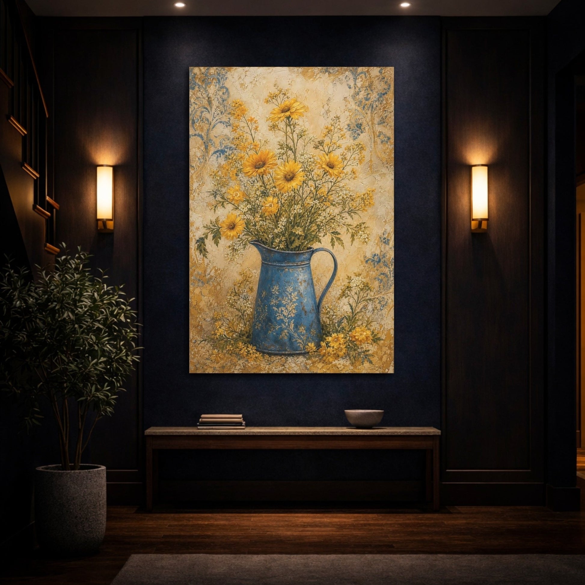 Floral Yellow Flowers And Blue Canvas Print Wall Art – Living Room Decor, Above Sofa - YesArtYes