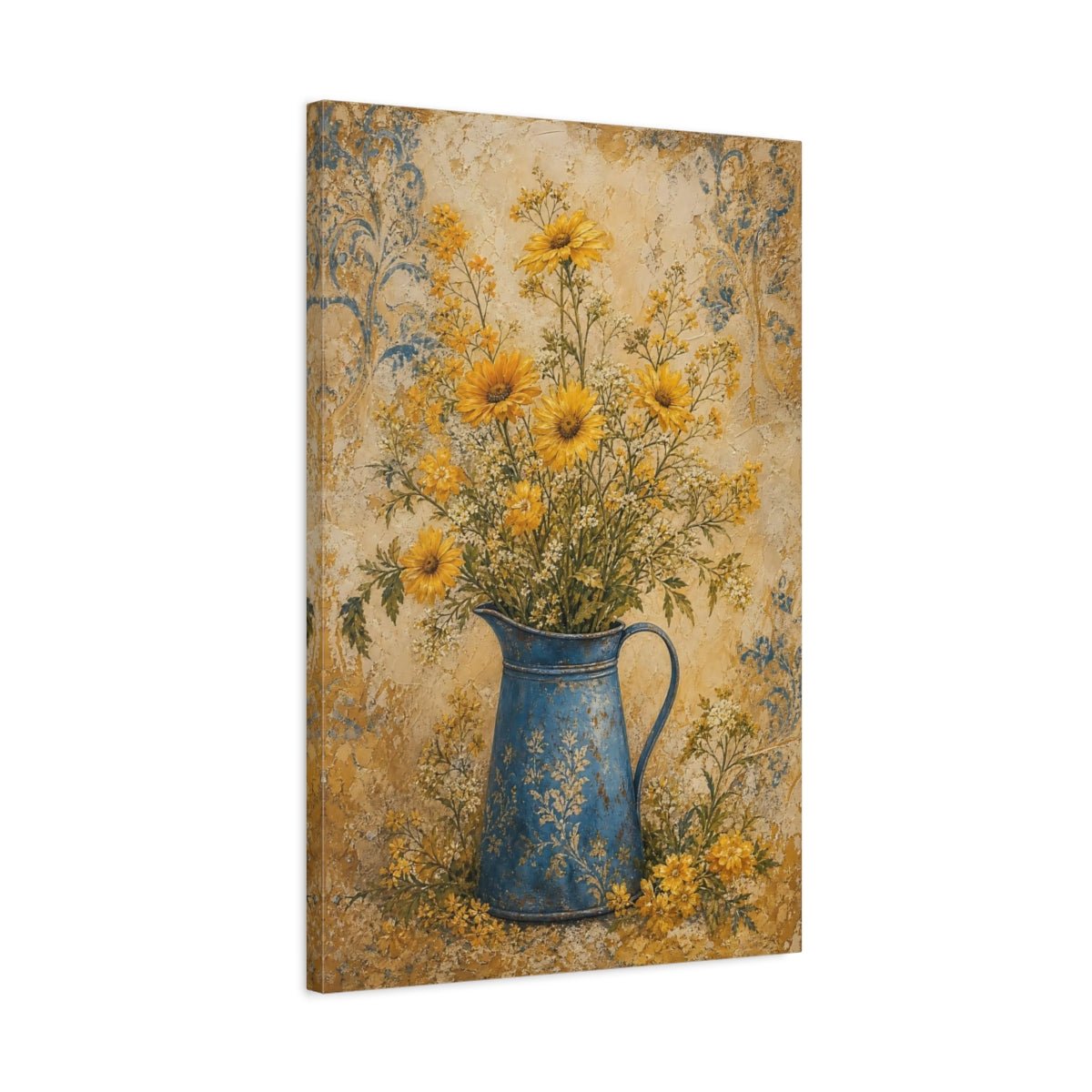 Floral Yellow Flowers And Blue Canvas Print Wall Art – Living Room Decor, Above Sofa - YesArtYes