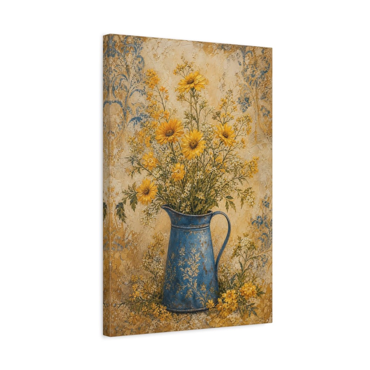 Floral Yellow Flowers And Blue Canvas Print Wall Art – Living Room Decor, Above Sofa - YesArtYes