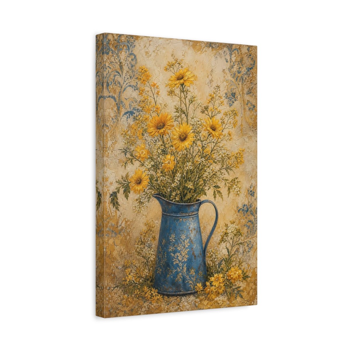 Floral Yellow Flowers And Blue Canvas Print Wall Art – Living Room Decor, Above Sofa - YesArtYes