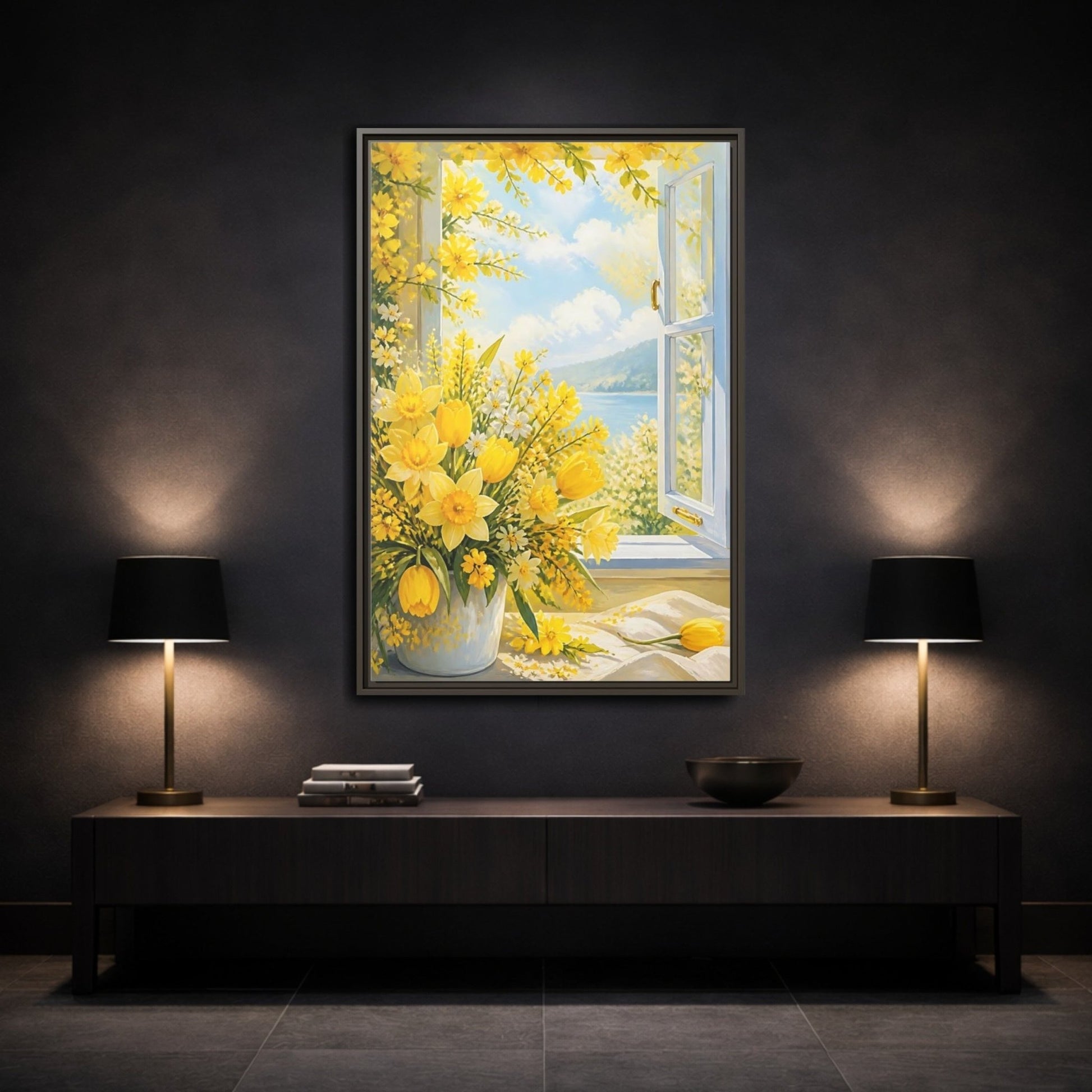 Floral Yellow Flowers Framed Canvas Print – Painterly Decor for Living Room, Above Fireplace - YesArtYes