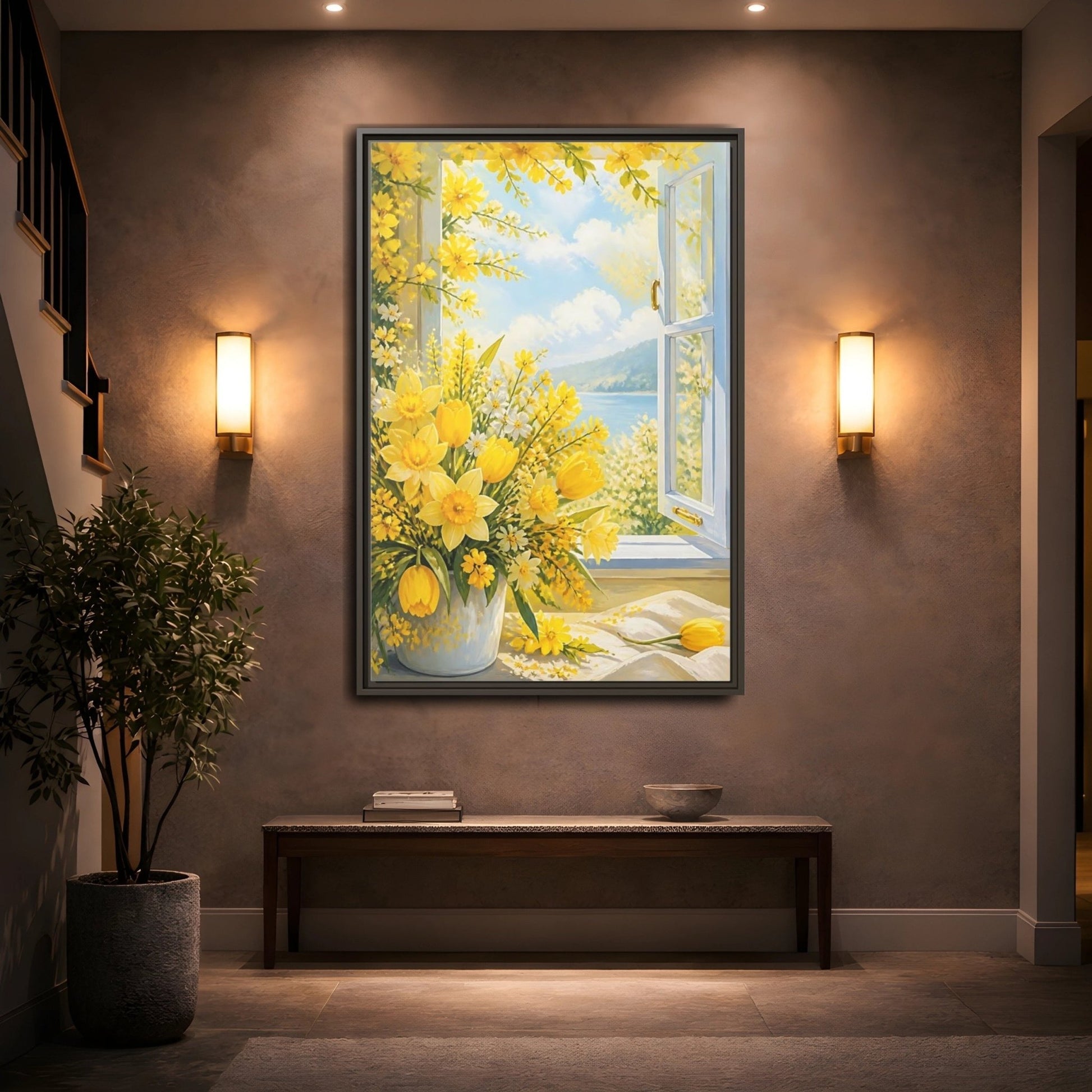 Floral Yellow Flowers Framed Canvas Print – Painterly Decor for Living Room, Above Fireplace - YesArtYes