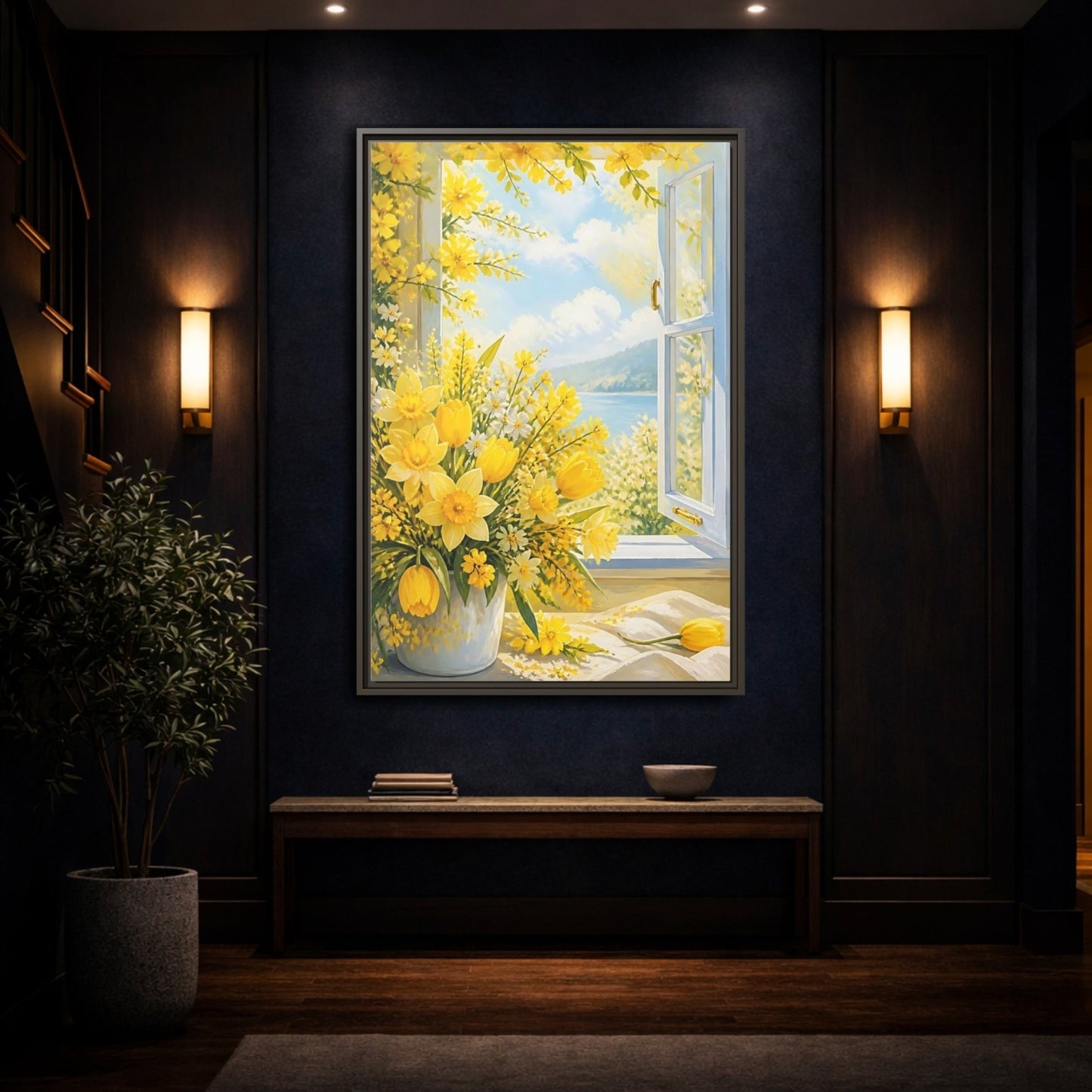Floral Yellow Flowers Framed Canvas Print – Painterly Decor for Living Room, Above Fireplace - YesArtYes