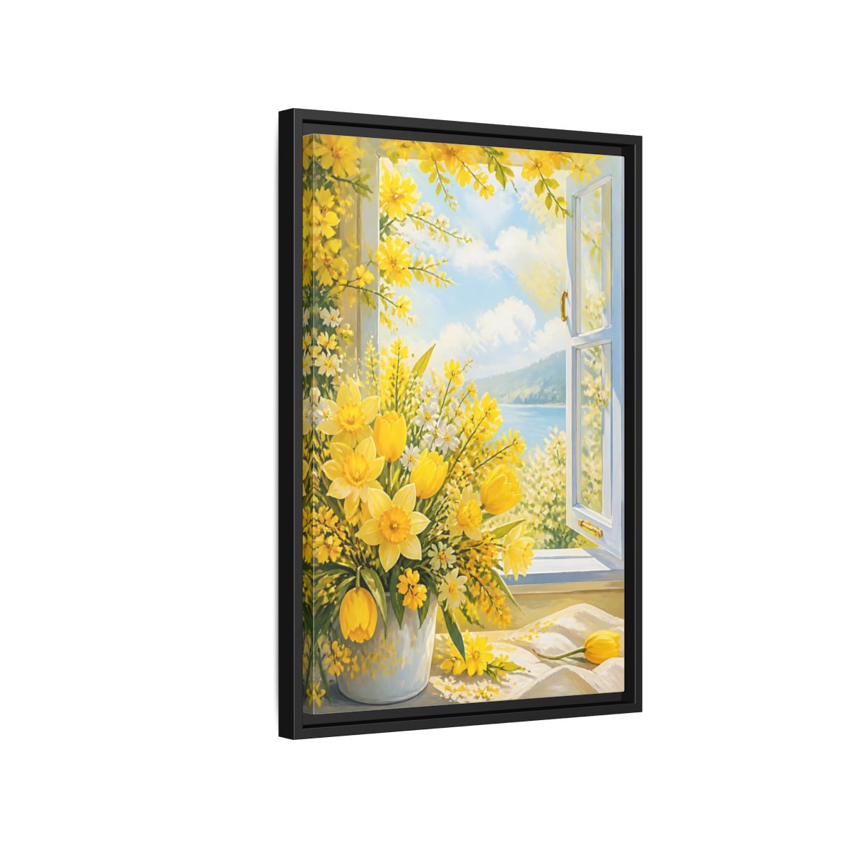 Side Mockup 3. Floral Yellow Flowers Yellow Floral shown as framed canvas print