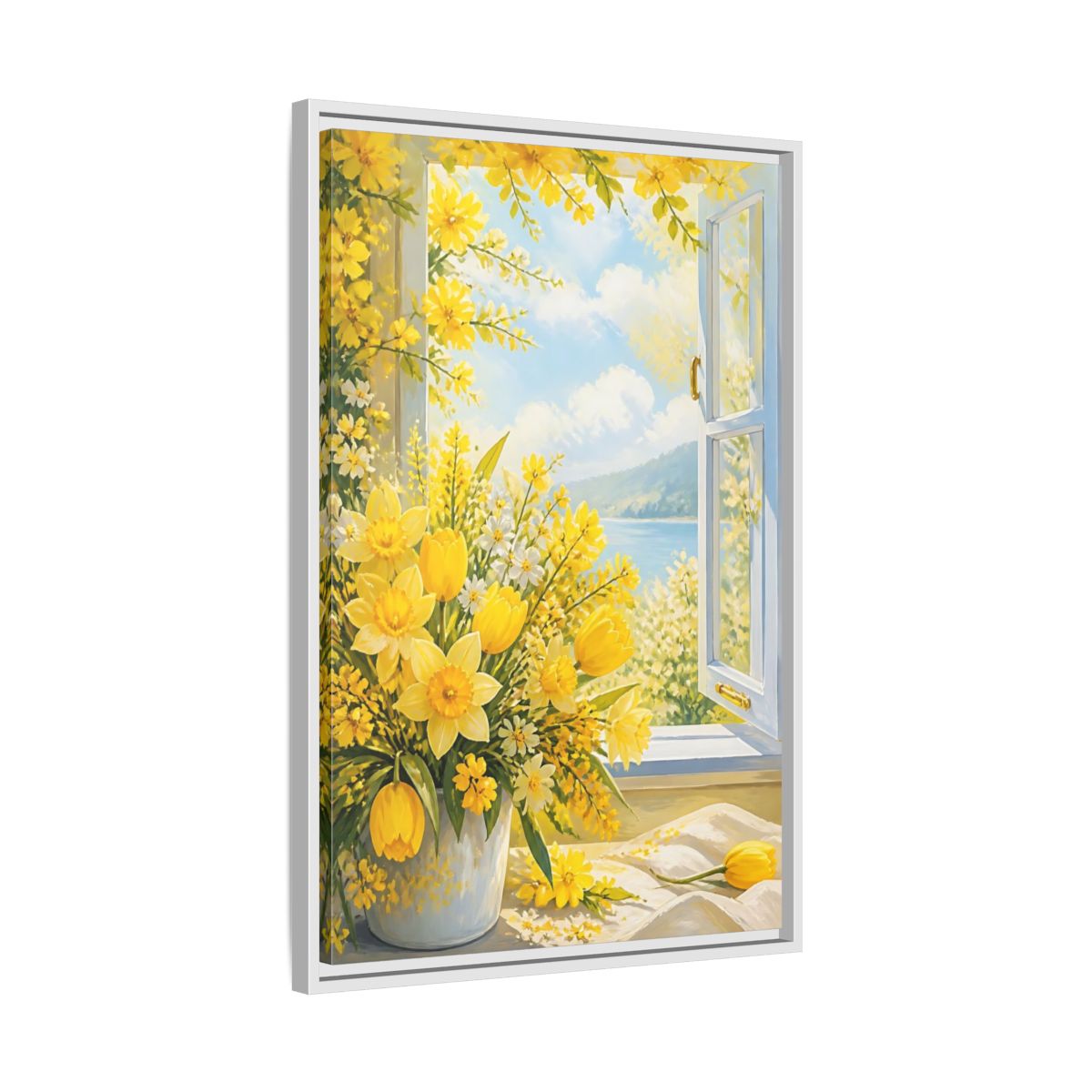 Side Mockup 10. Floral Yellow Flowers Yellow Floral shown as framed canvas print