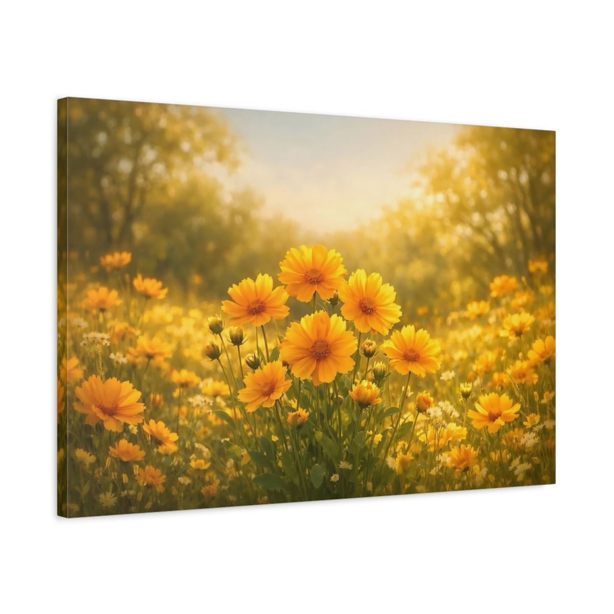 Side Mockup 2. Floral Yellow Flowers Yellow Floral Meadow shown as stretched canvas wall art