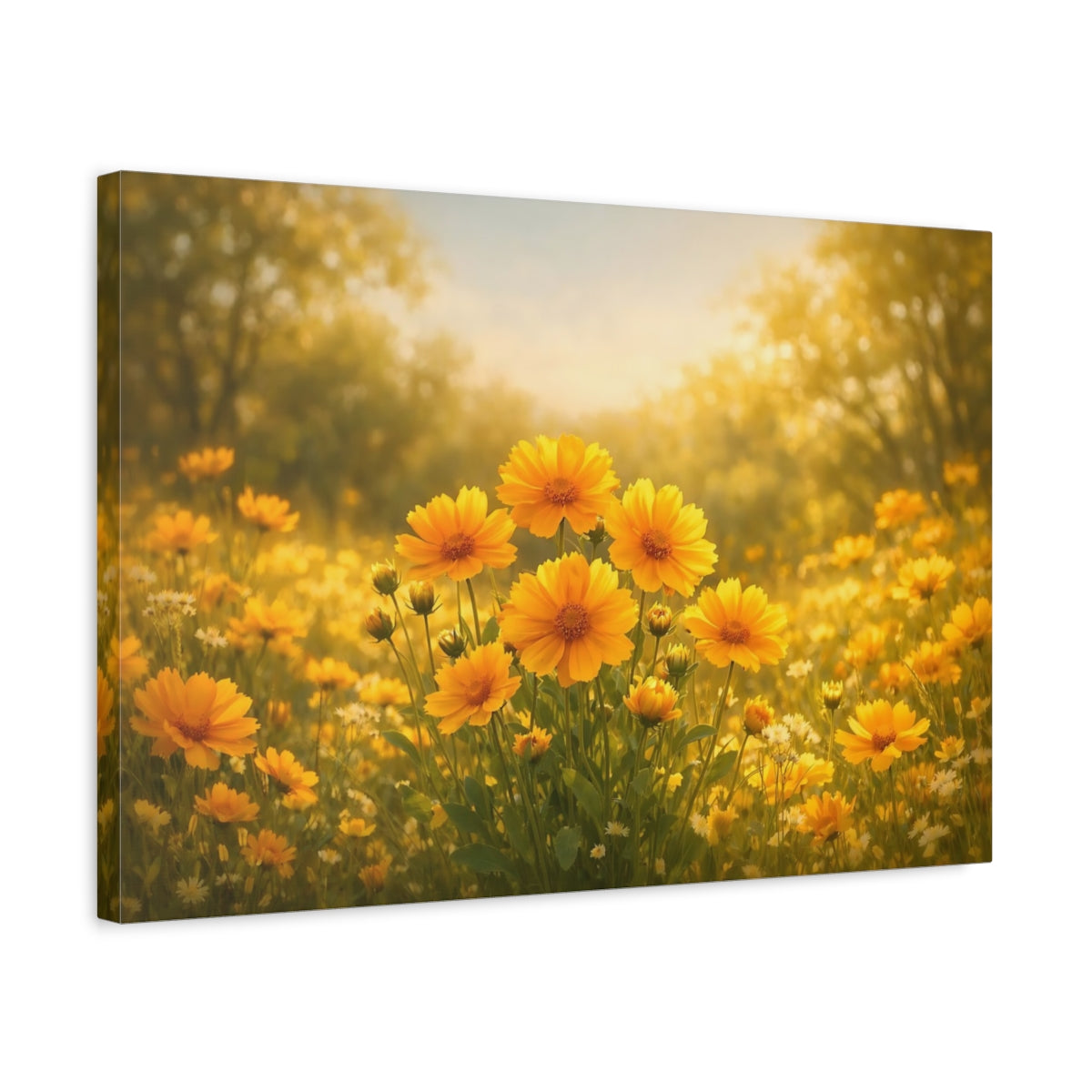 Side Mockup 3. Floral Yellow Flowers Yellow Floral Meadow shown as stretched canvas wall art