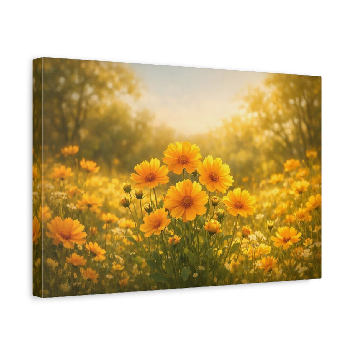 Side Mockup 4. Floral Yellow Flowers Yellow Floral Meadow shown as stretched canvas wall art