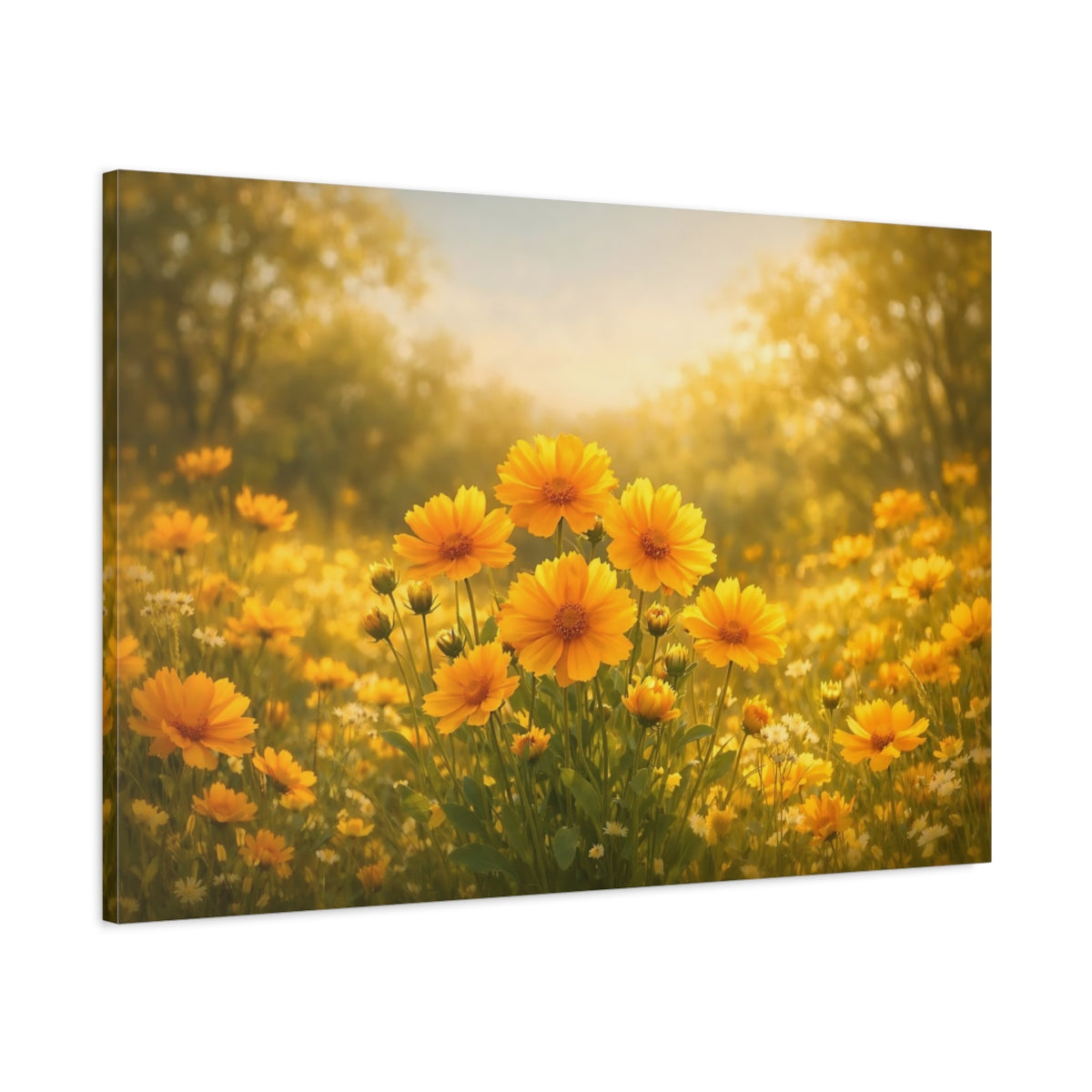 Side Mockup 1. Floral Yellow Flowers Yellow Floral Meadow shown as stretched canvas wall art