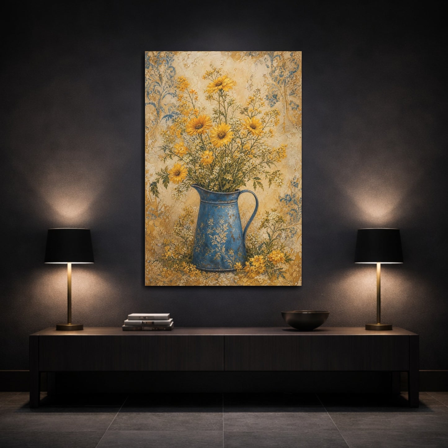 Mockup 3. Floral Yellow Flowers Yellow And Blue Floral shown as canvas print