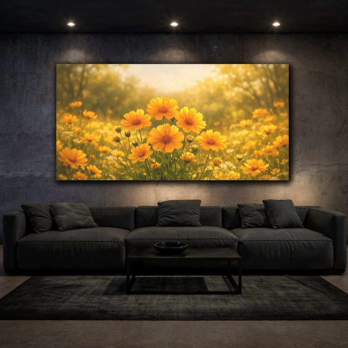 Mockup 2. Floral Yellow Flowers Yellow And Gold shown as stretched canvas wall art