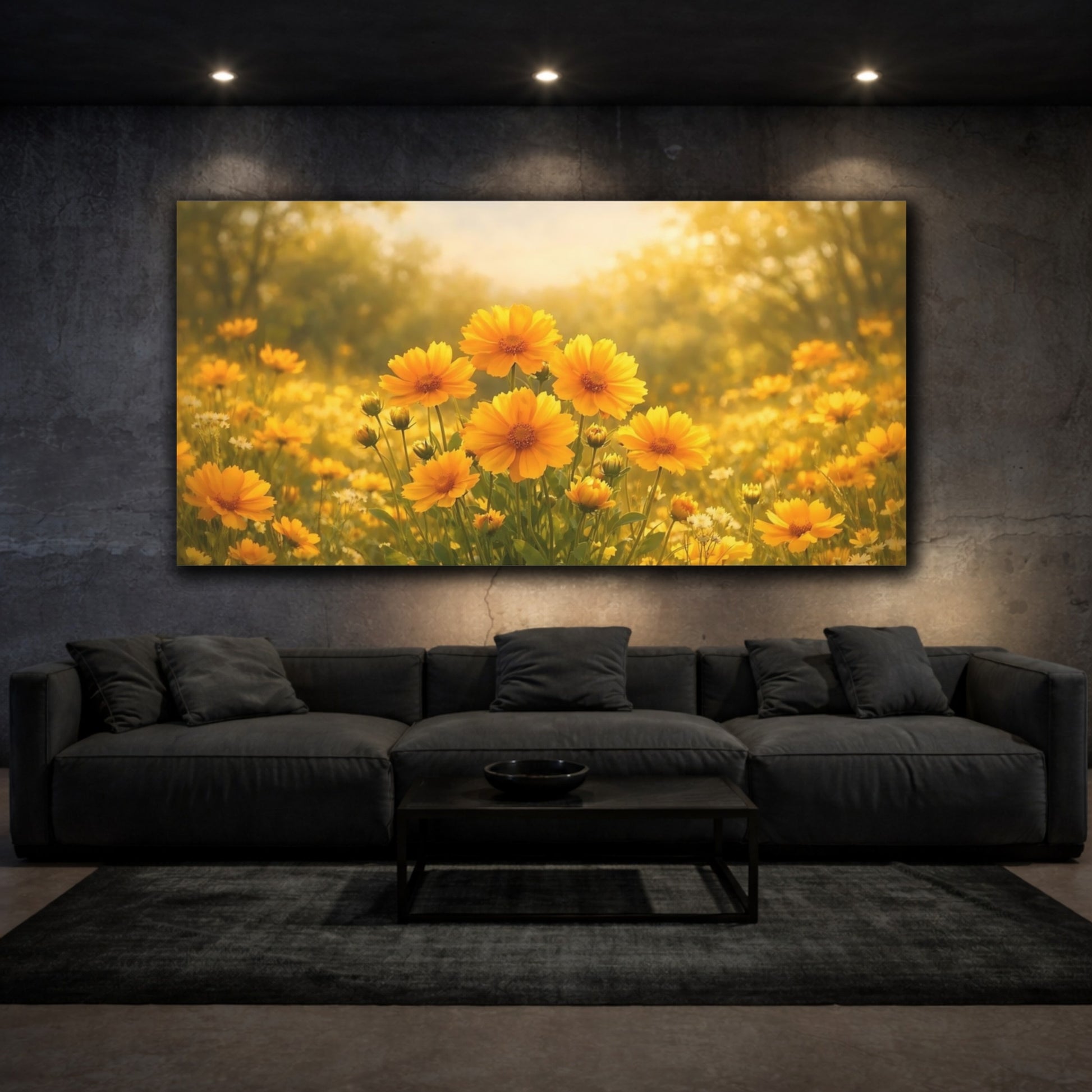 Mockup 2. Floral Yellow Flowers Yellow And Gold shown as stretched canvas wall art