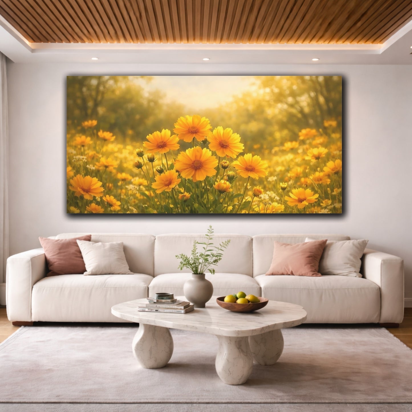 Mockup 3. Floral Yellow Flowers Yellow And Gold shown as stretched canvas wall art