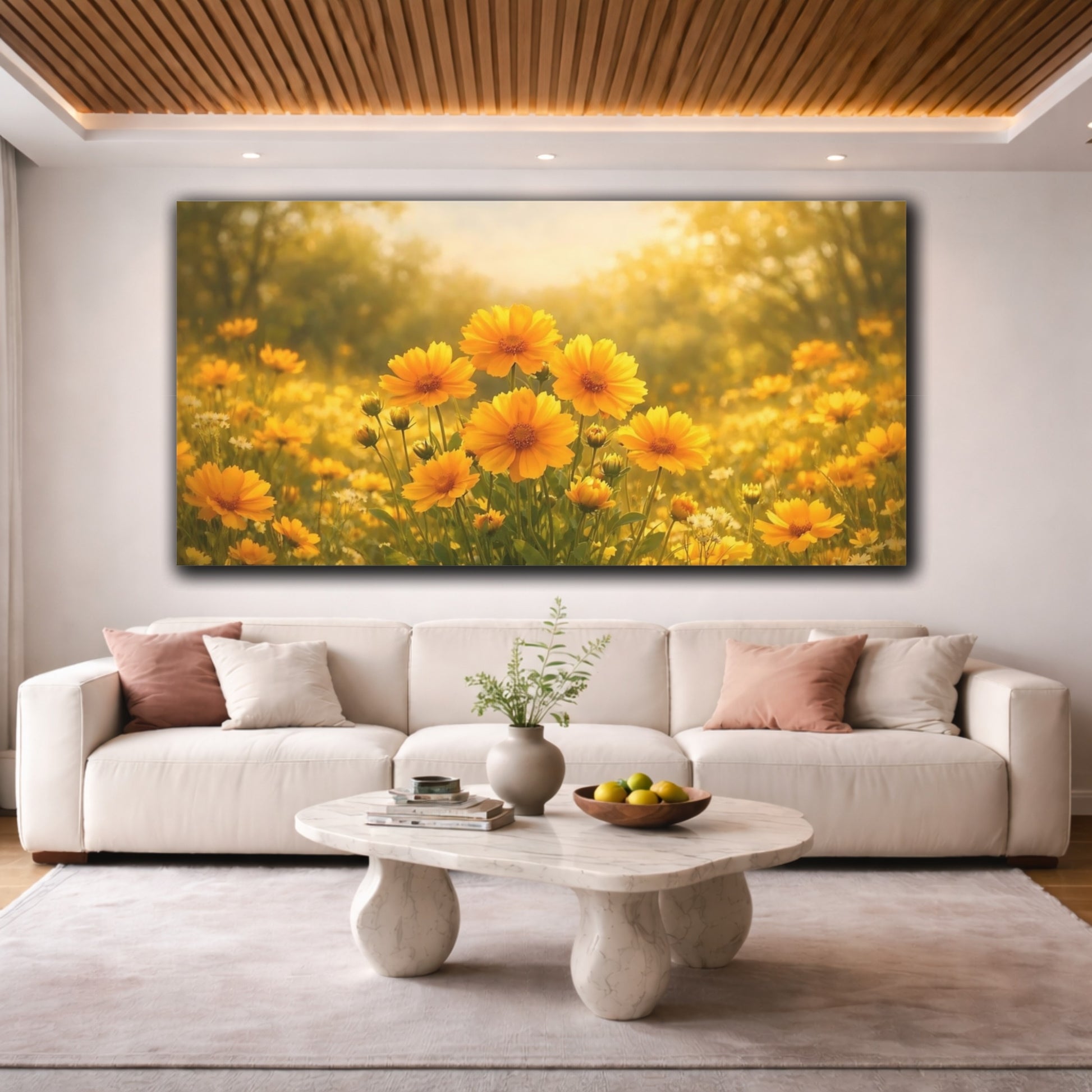 Mockup 3. Floral Yellow Flowers Yellow And Gold shown as stretched canvas wall art