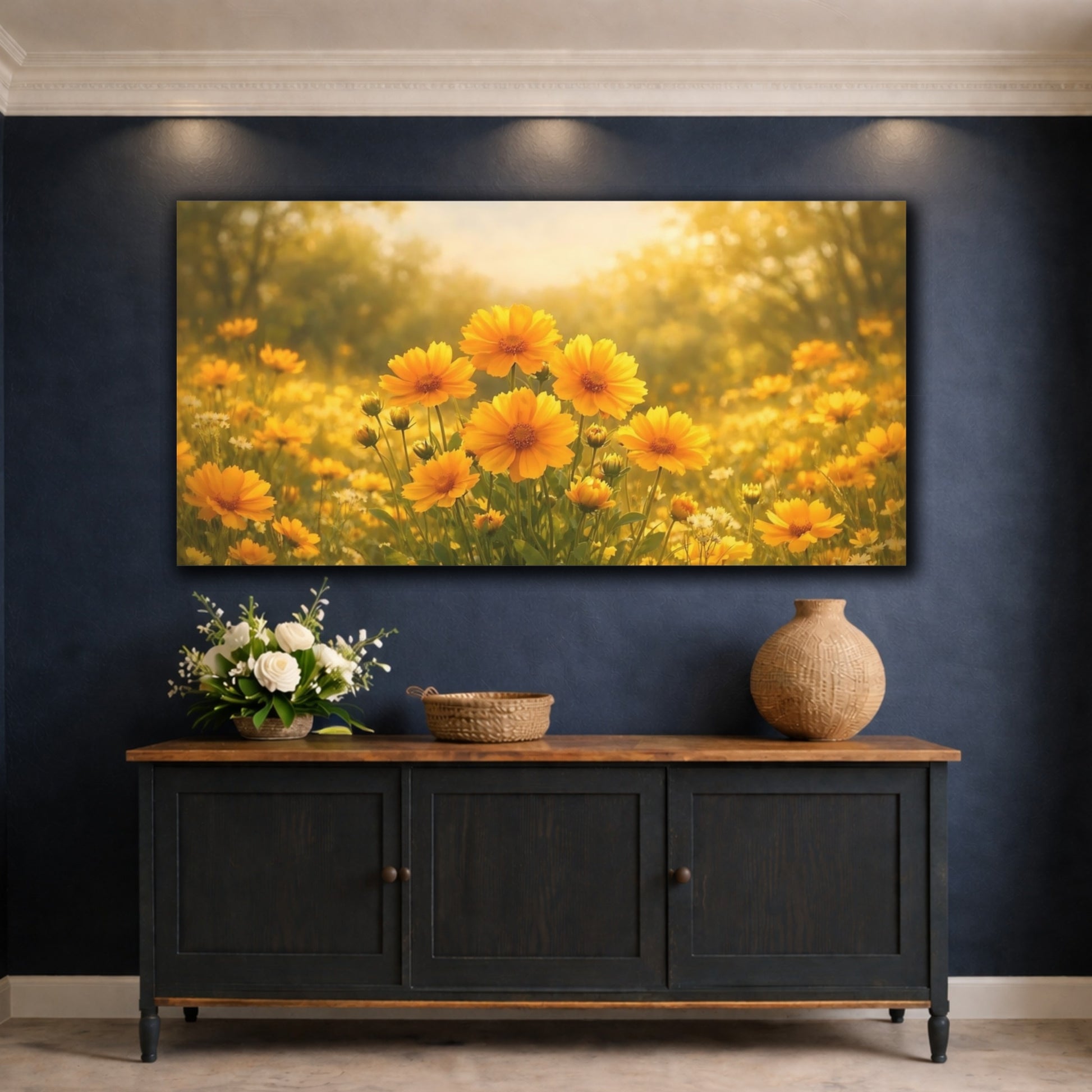 Mockup 4. Floral Yellow Flowers Yellow And Gold shown as stretched canvas wall art