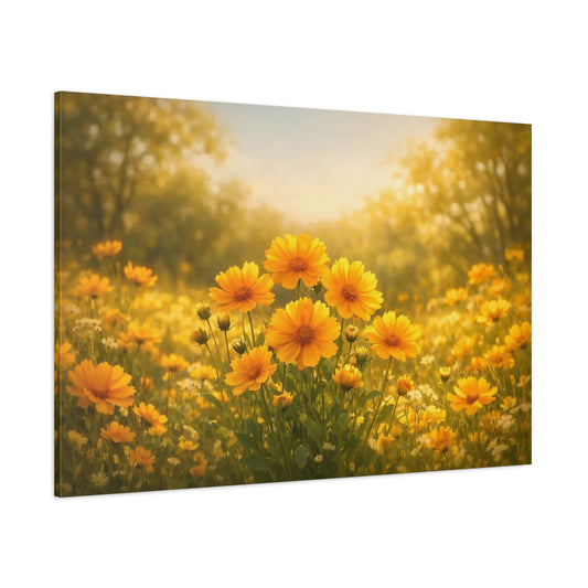 Main Mockup. Floral Yellow Flowers Yellow Floral Meadow shown as stretched canvas wall art