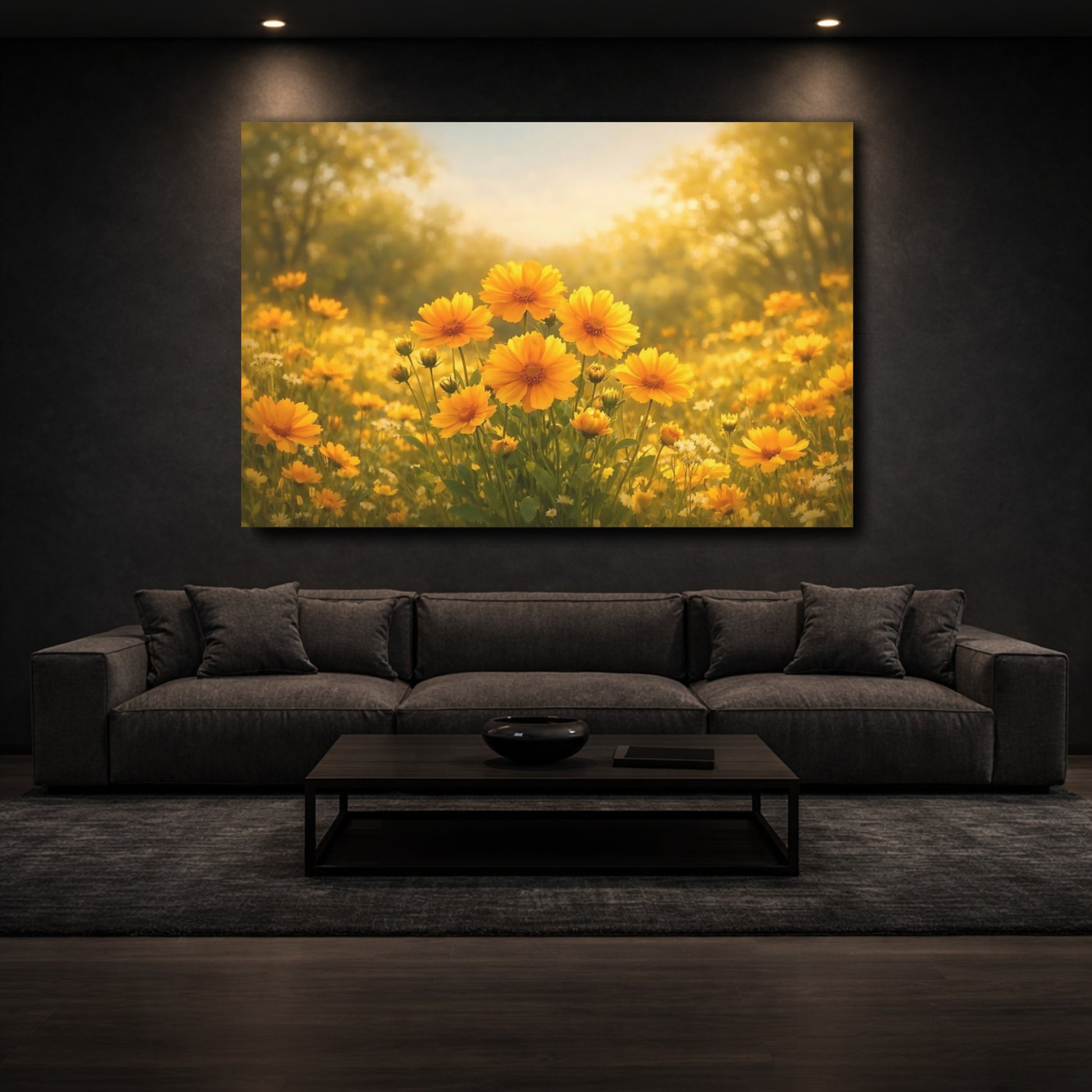 Mockup 2. Floral Yellow Flowers Yellow Floral Meadow shown as stretched canvas wall art