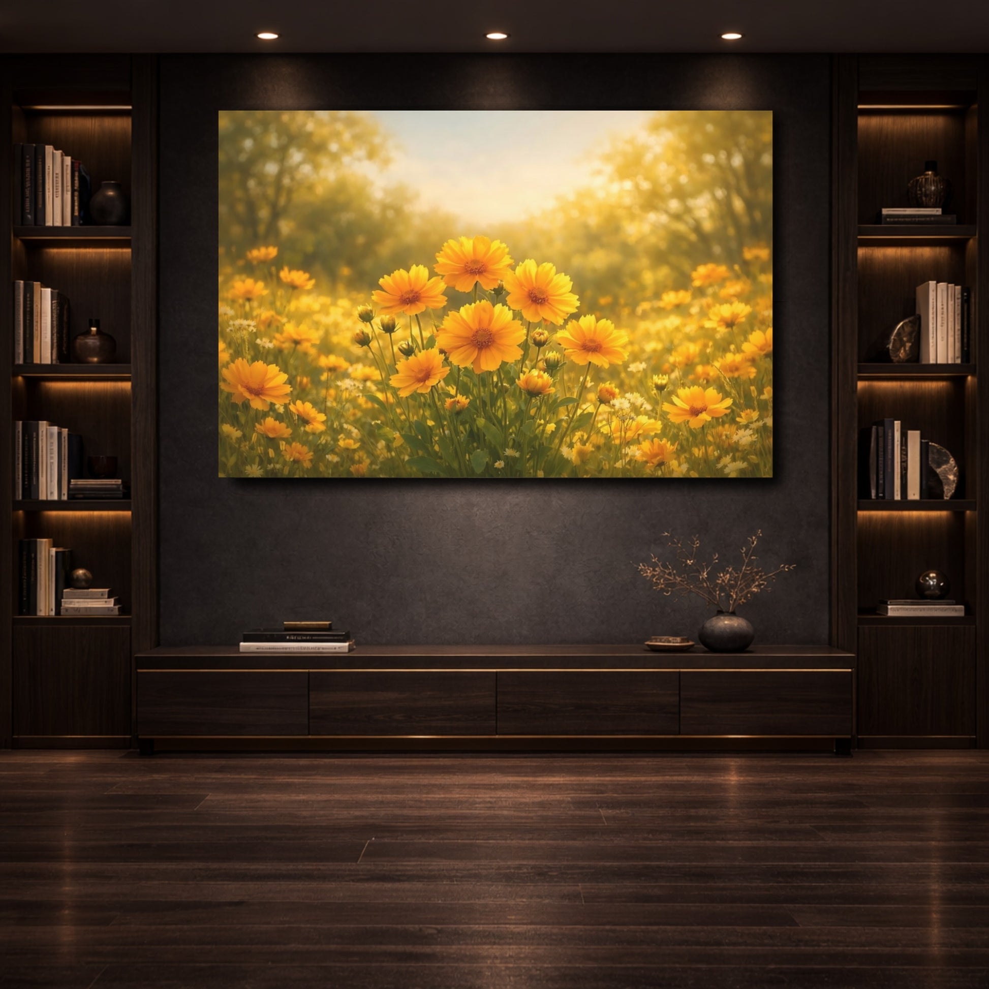 Mockup 3. Floral Yellow Flowers Yellow Floral Meadow shown as stretched canvas wall art