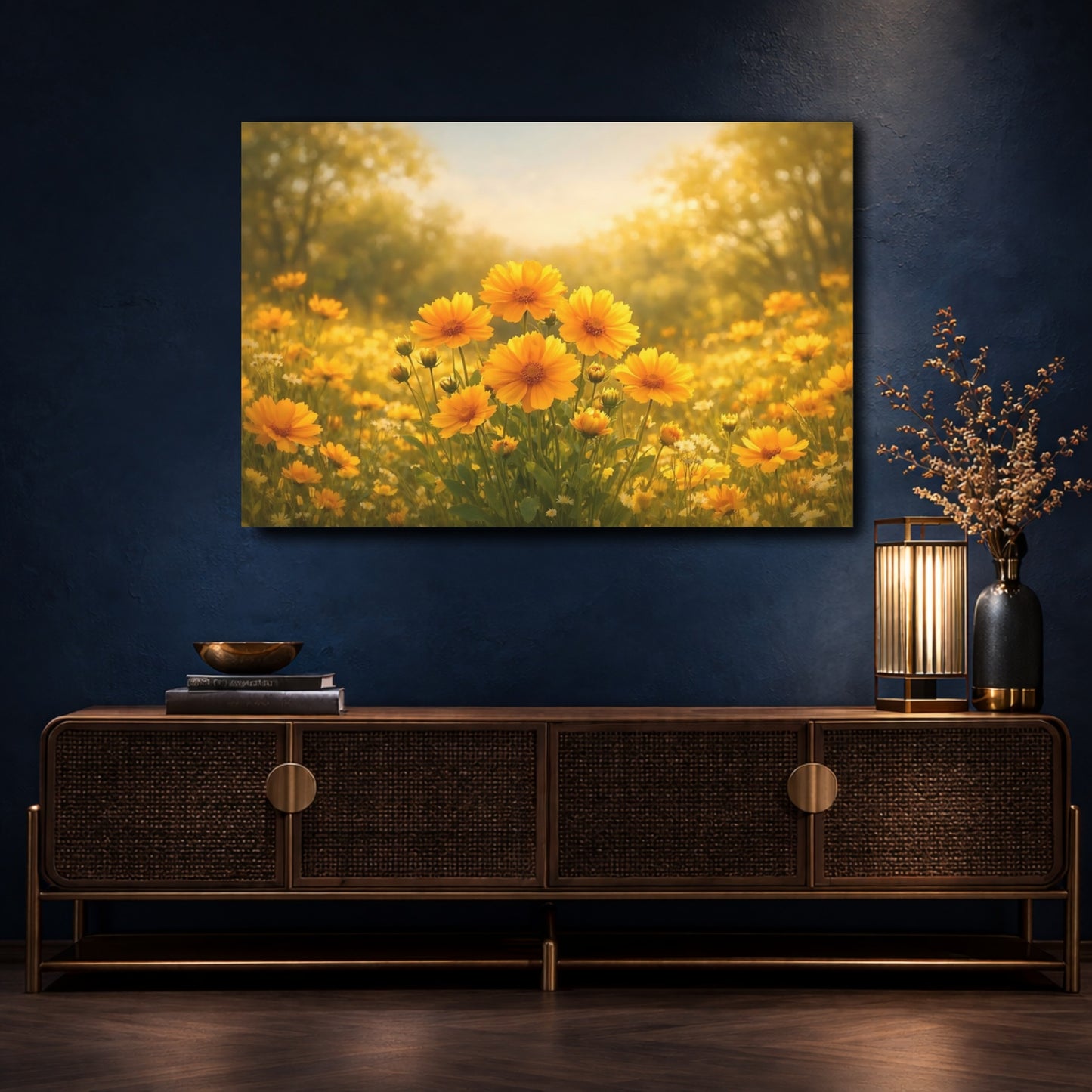 Mockup 4. Floral Yellow Flowers Yellow Floral Meadow shown as stretched canvas wall art