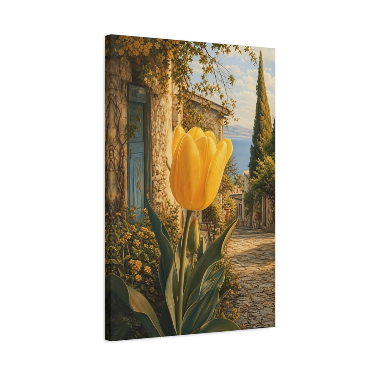 Side Mockup 2. Floral Yellow Tulip Yellow And Blue shown as stretched canvas wall art