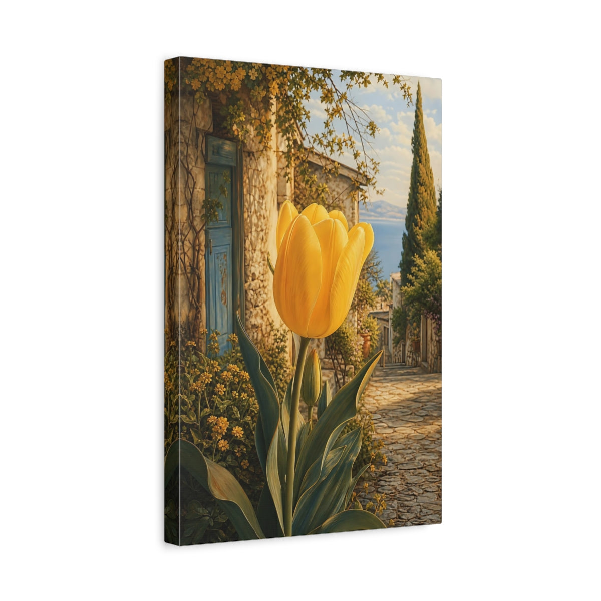 Side Mockup 4. Floral Yellow Tulip Yellow And Blue shown as stretched canvas wall art