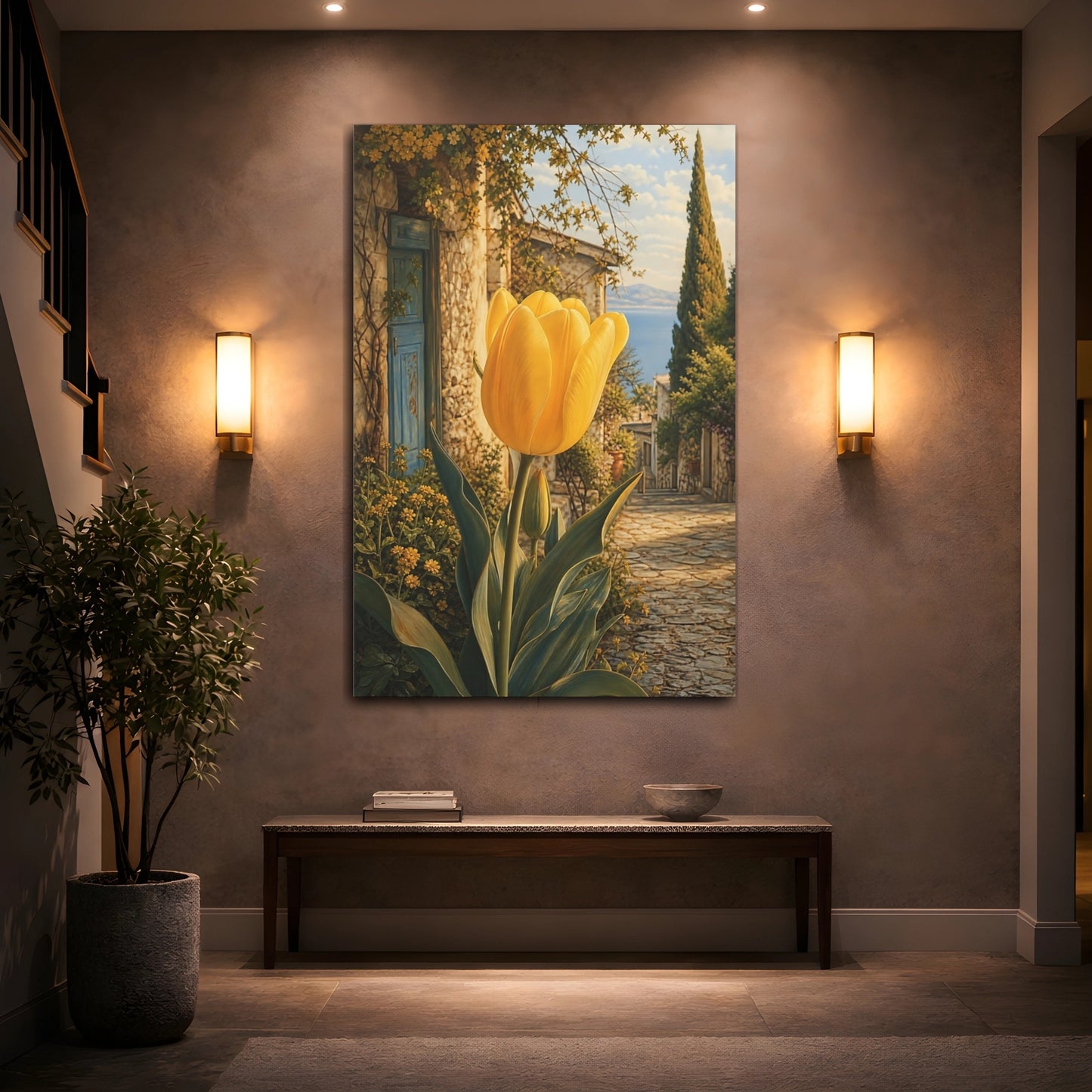 Mockup 2. Floral Yellow Tulip Yellow And Blue shown as stretched canvas wall art