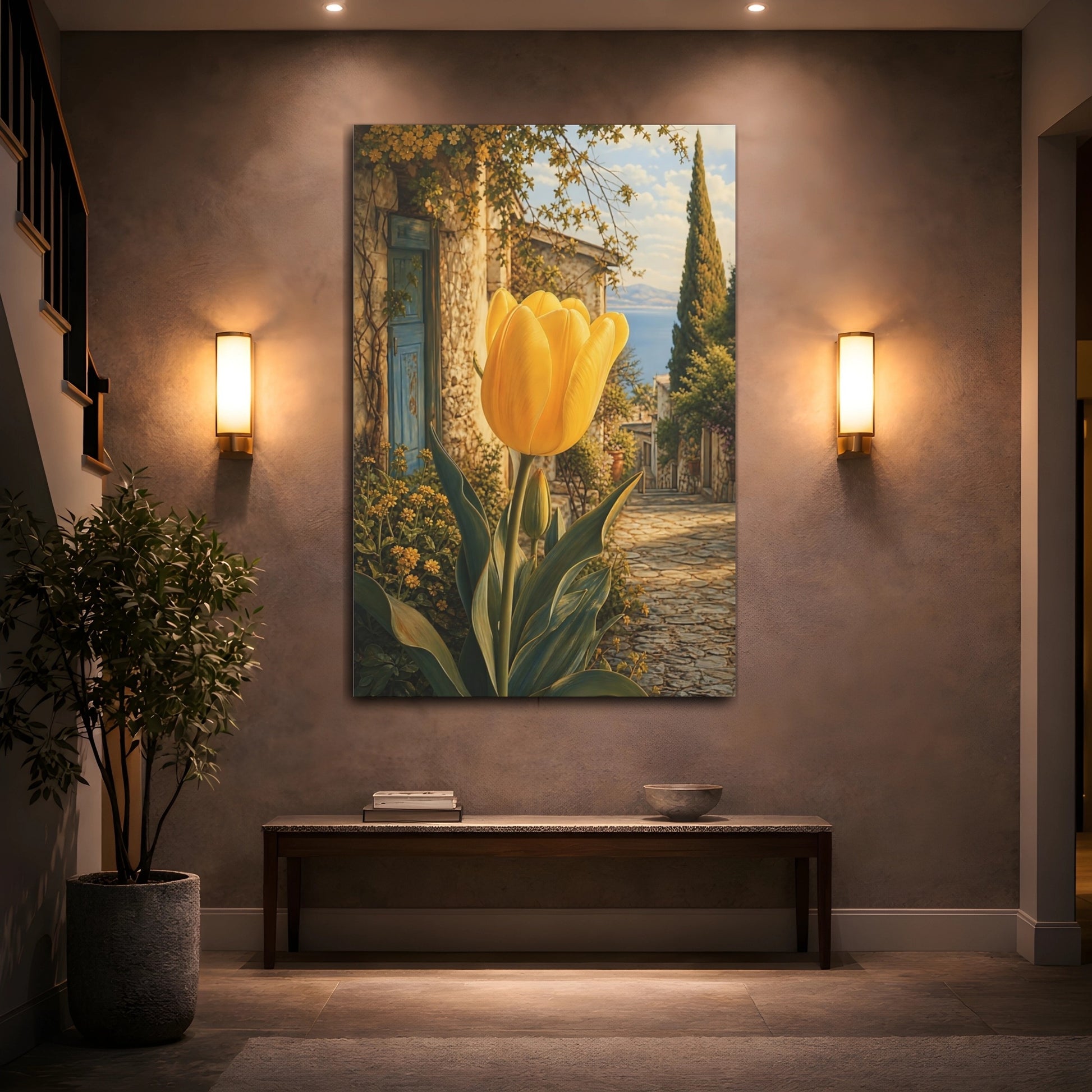 Mockup 2. Floral Yellow Tulip Yellow And Blue shown as stretched canvas wall art