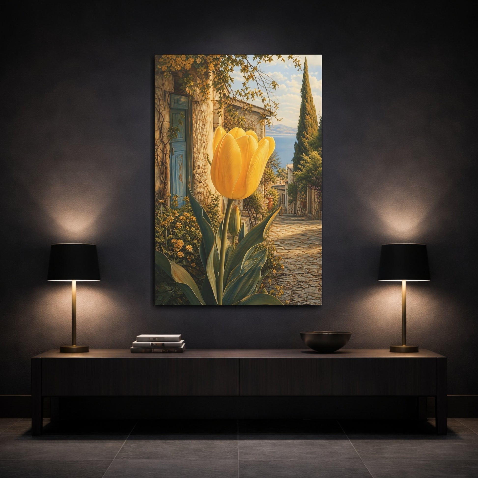 Mockup 3. Floral Yellow Tulip Yellow And Blue shown as stretched canvas wall art