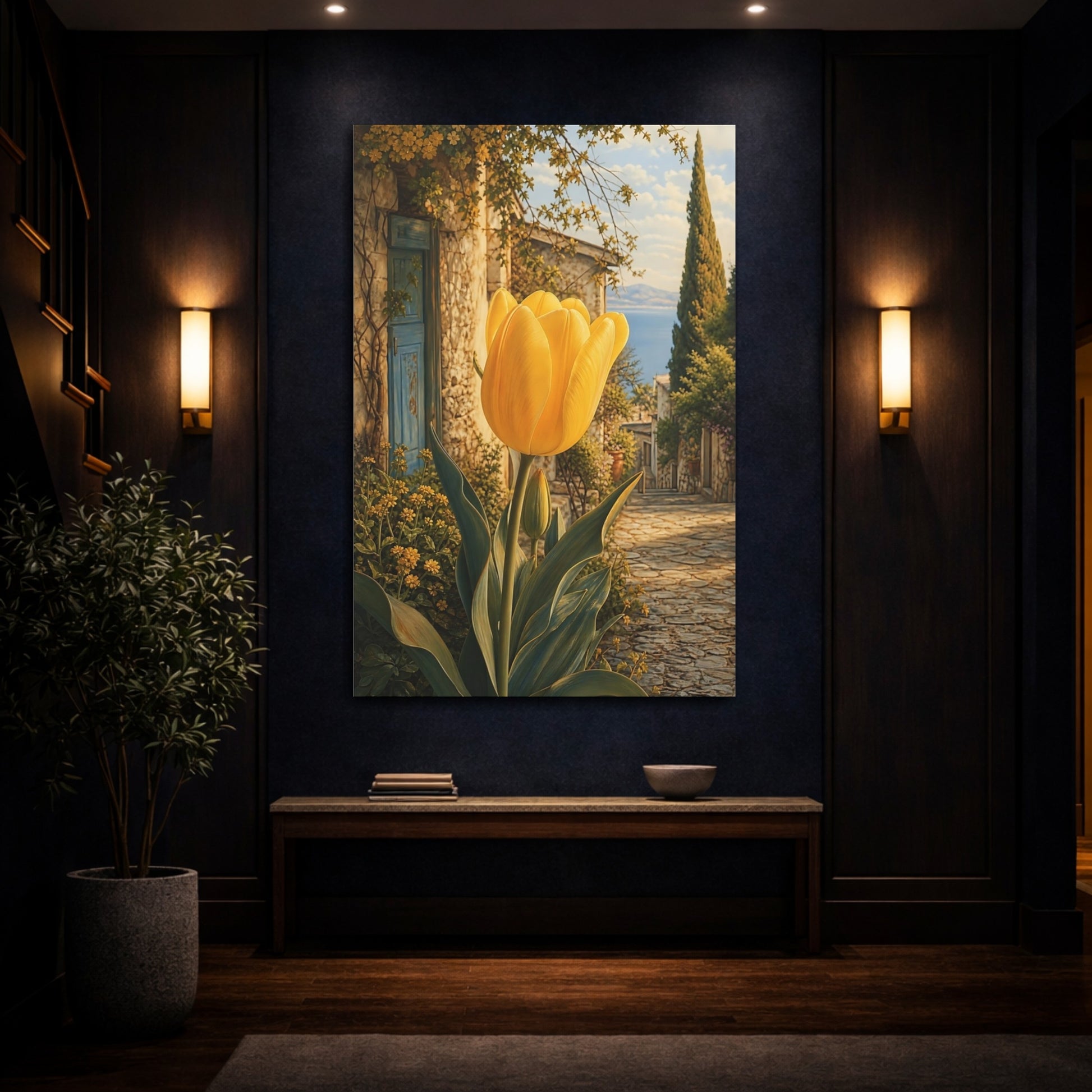 Mockup 4. Floral Yellow Tulip Yellow And Blue shown as stretched canvas wall art