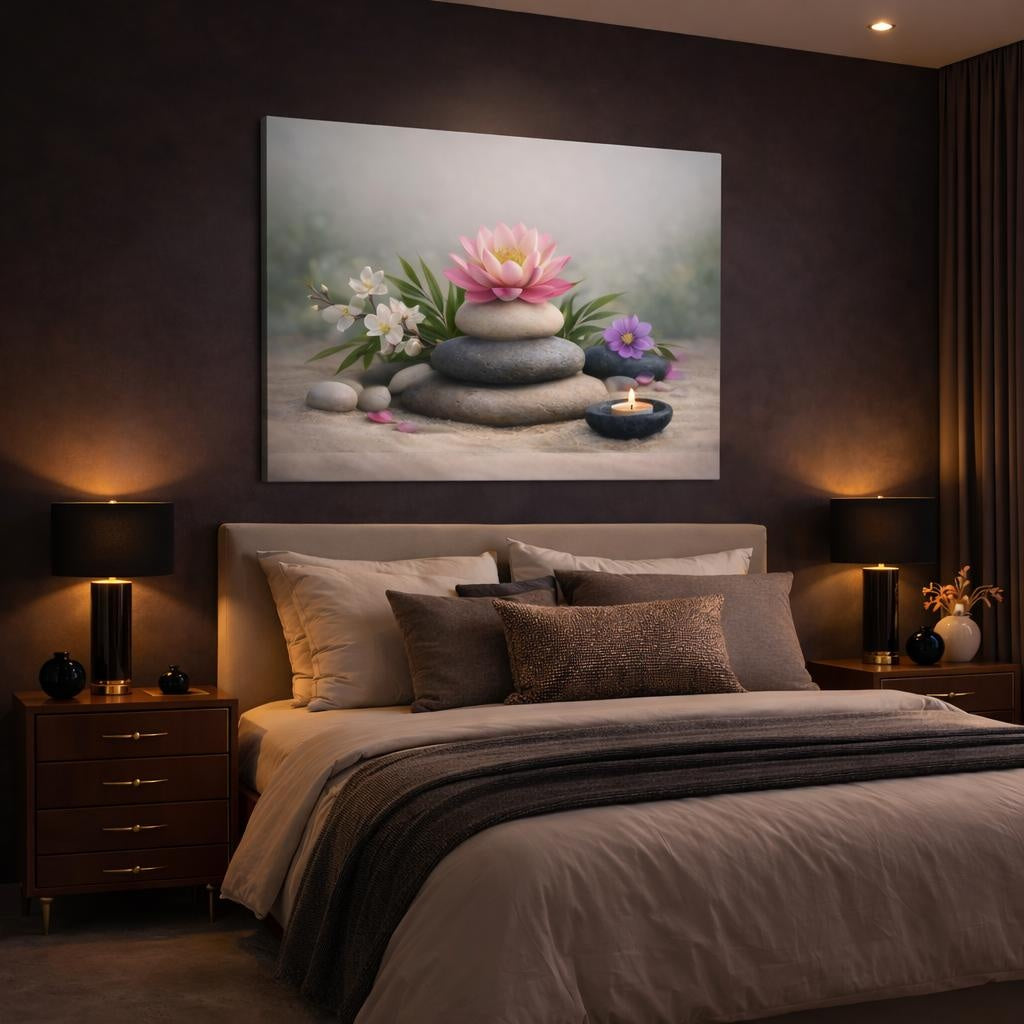 Floral Zen Stones shown as canvas wall art in a luxury bedroom