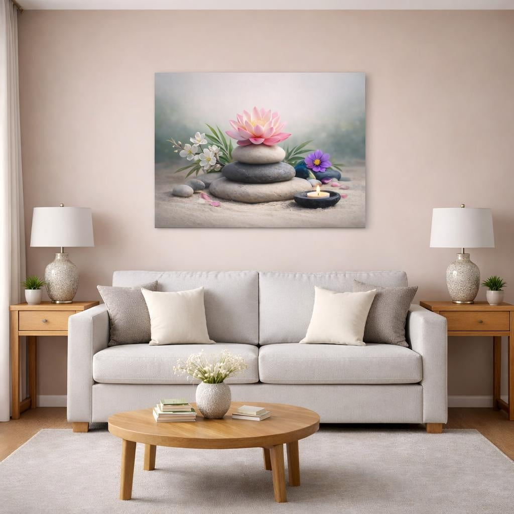 Floral Zen Stones shown as canvas wall art in a modern living room