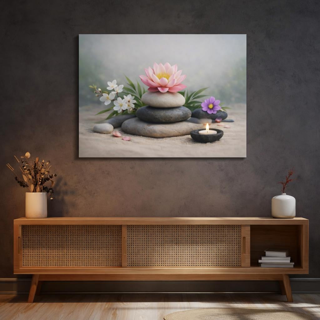 Floral Zen Stones shown as canvas wall art in a refined dining room