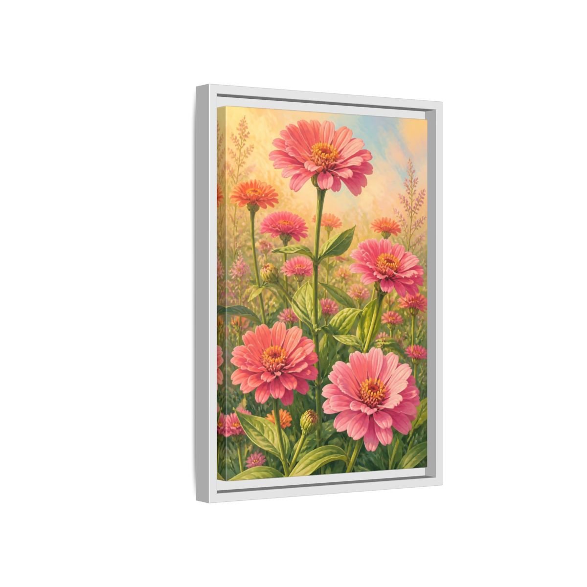 Floral Zinnia Flowers Pink Framed Canvas Print – Living Room, Above Console Table - YesArtYes