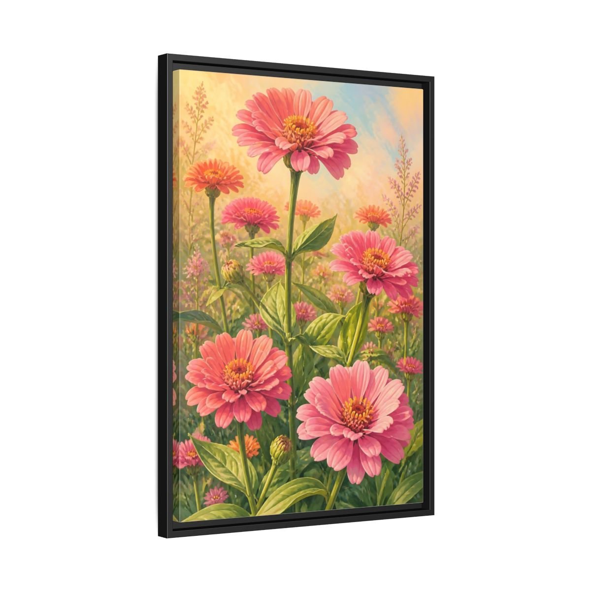 Floral Zinnia Flowers Pink Framed Canvas Print – Living Room, Above Console Table - YesArtYes