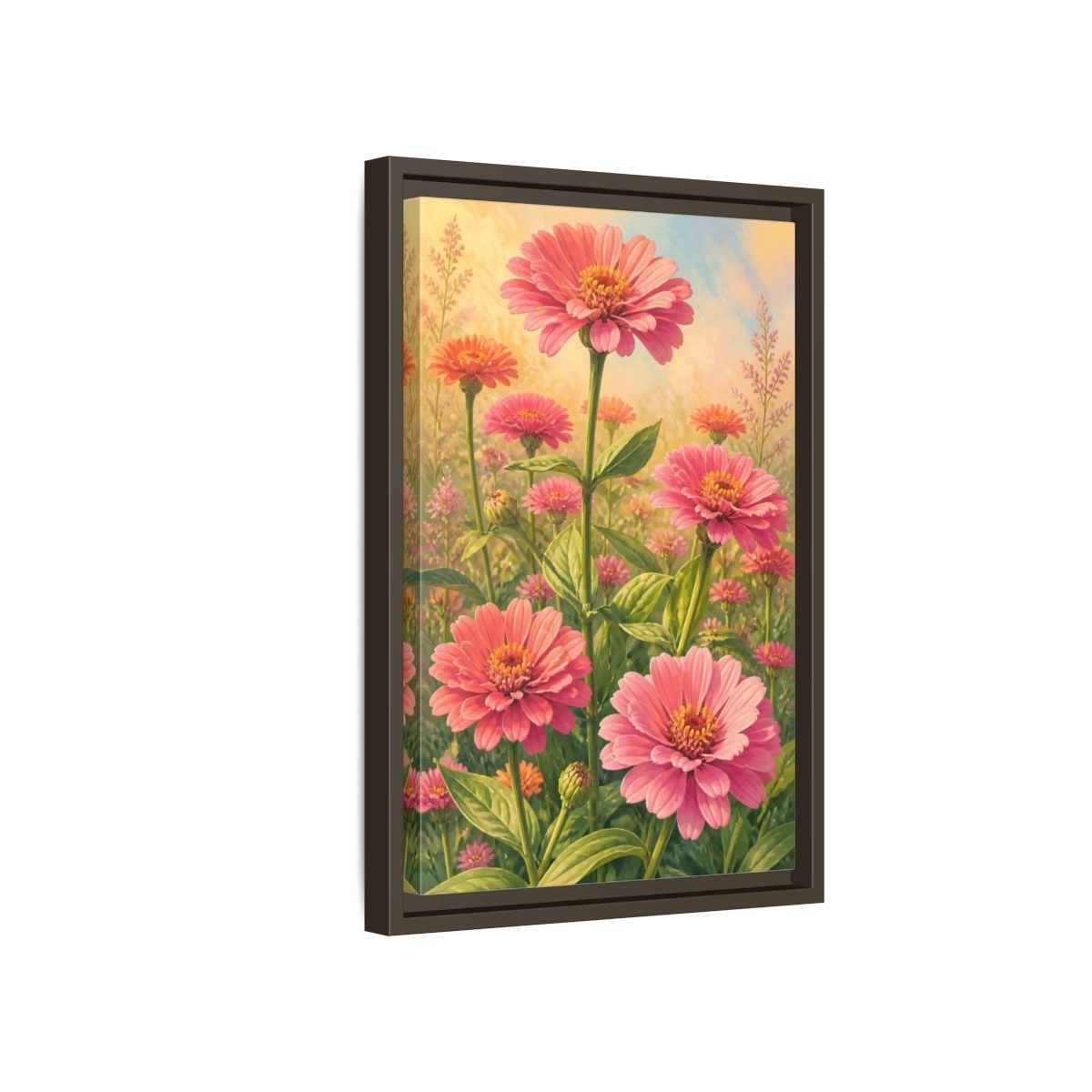 Floral Zinnia Flowers Pink Framed Canvas Print – Living Room, Above Console Table - YesArtYes
