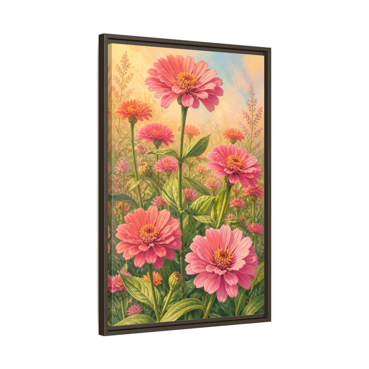 Floral Zinnia Flowers Pink Framed Canvas Print – Living Room, Above Console Table - YesArtYes