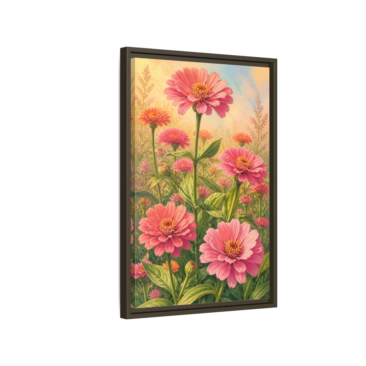 Floral Zinnia Flowers Pink Framed Canvas Print – Living Room, Above Console Table - YesArtYes