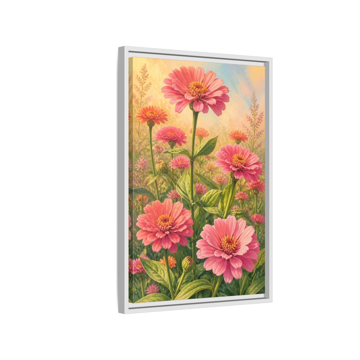 Floral Zinnia Flowers Pink Framed Canvas Print – Living Room, Above Console Table - YesArtYes