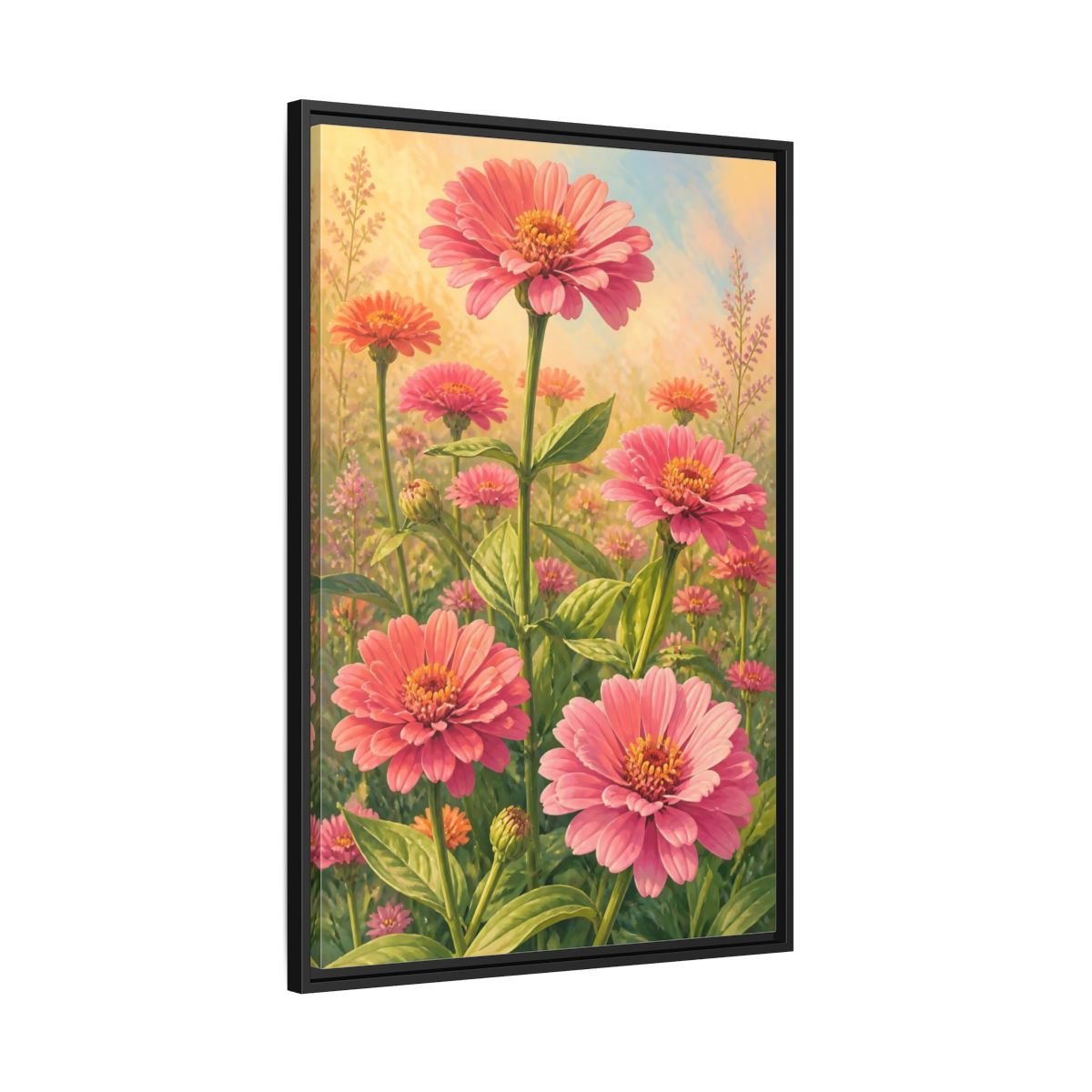 Floral Zinnia Flowers Pink Framed Canvas Print – Living Room, Above Console Table - YesArtYes