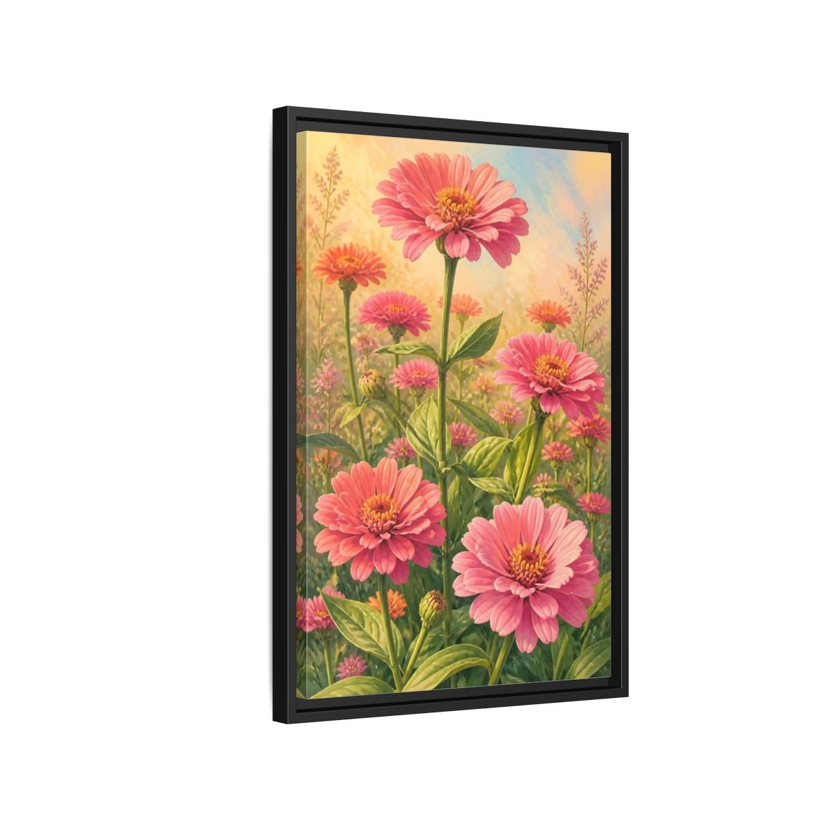 Floral Zinnia Flowers Pink Framed Canvas Print – Living Room, Above Console Table - YesArtYes