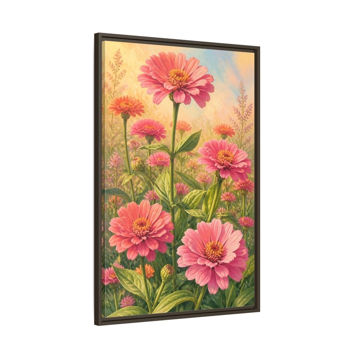 Floral Zinnia Flowers Pink Framed Canvas Print – Living Room, Above Console Table - YesArtYes