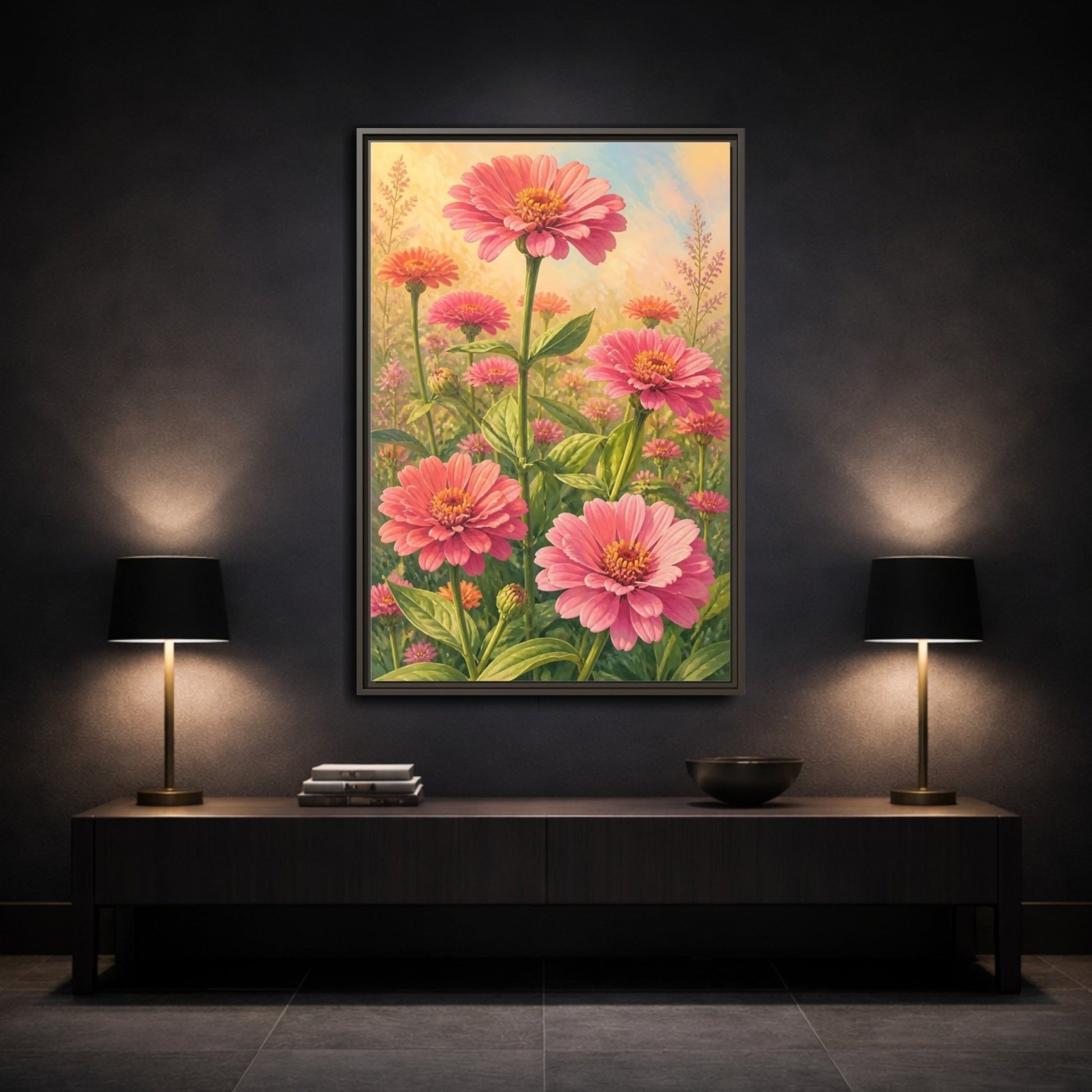 Floral Zinnia Flowers Pink Framed Canvas Print – Living Room, Above Console Table - YesArtYes
