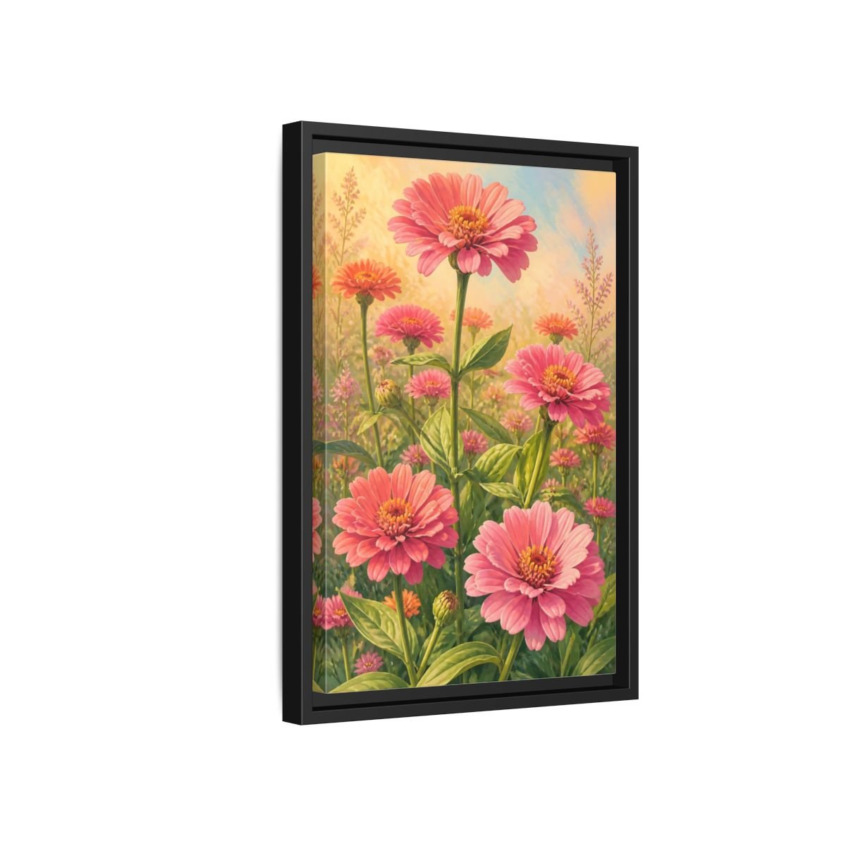 Floral Zinnia Flowers Pink Framed Canvas Print – Living Room, Above Console Table - YesArtYes