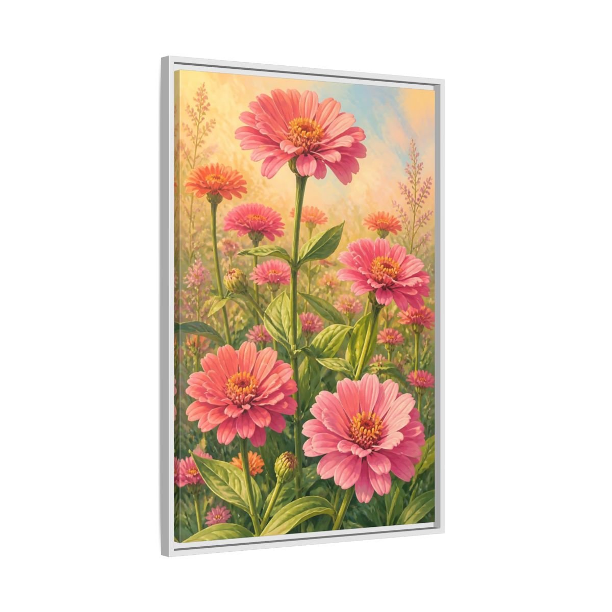 Floral Zinnia Flowers Pink Framed Canvas Print – Living Room, Above Console Table - YesArtYes